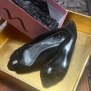 Nina Black Peep Toe Heels with Bow Accent